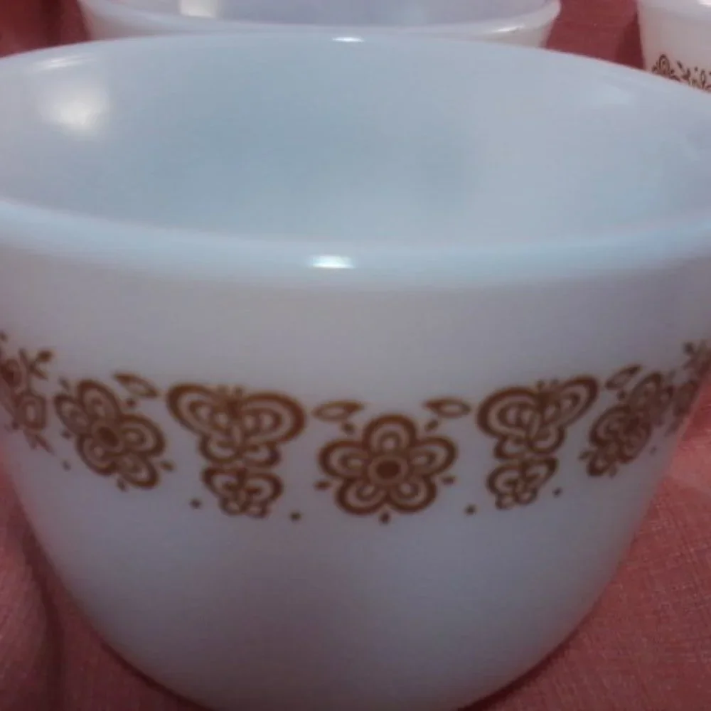 Four Vintage Pyrex gold butterfly teacups white milk glass